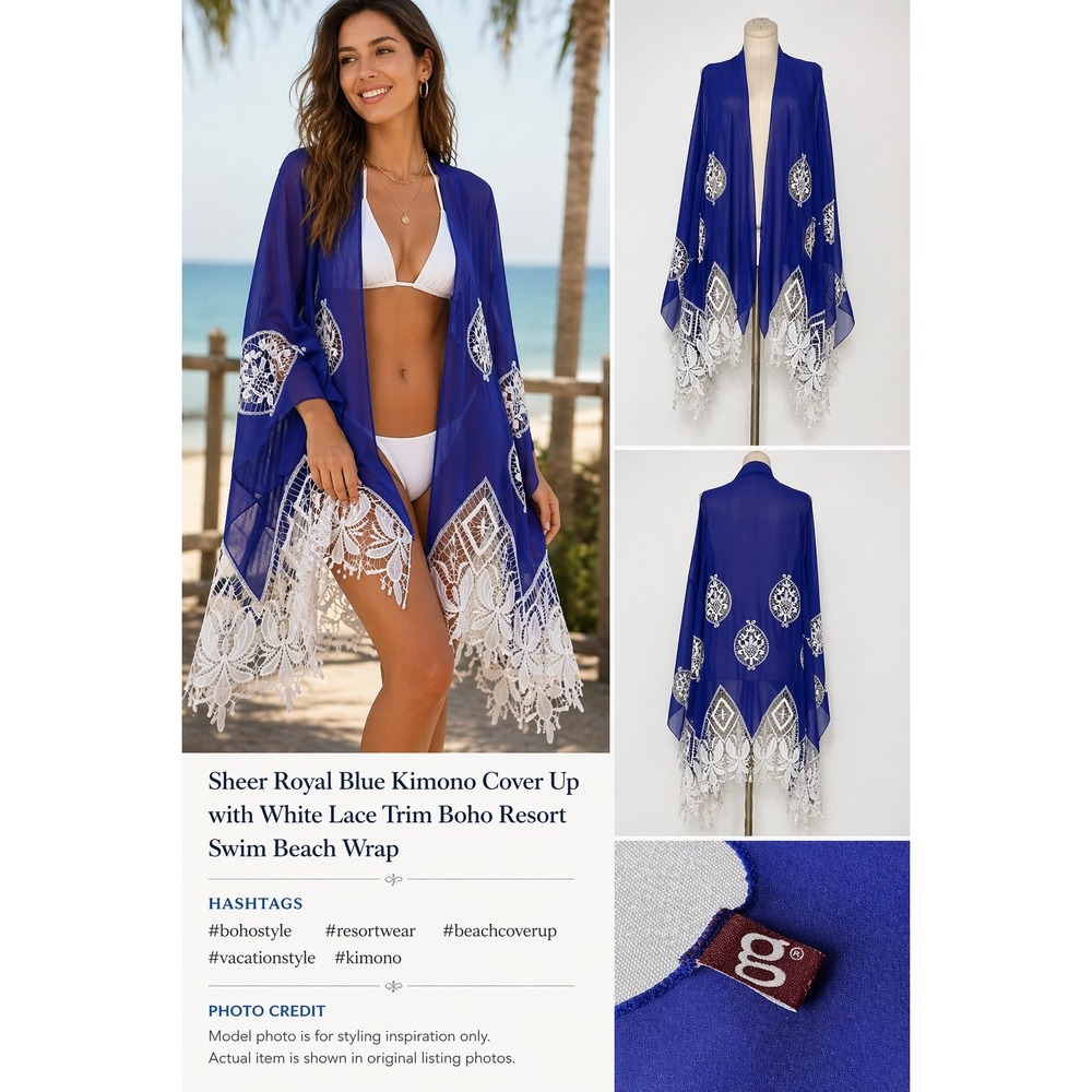 G Royal Blue Kimono Cover Up White Lace Trim Boho Resort Swim Beach Wrap Vest